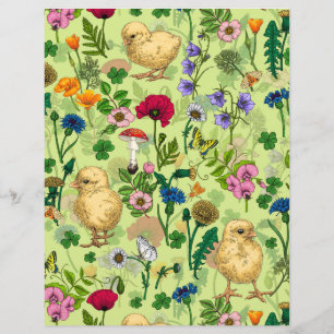 Chickens and wildflowers on honey dew green