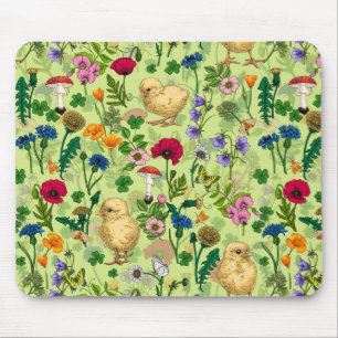 Chickens and wildflowers on honey dew green mouse pad