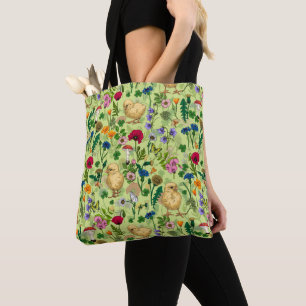 Chickens and wildflowers on honey dew green tote bag