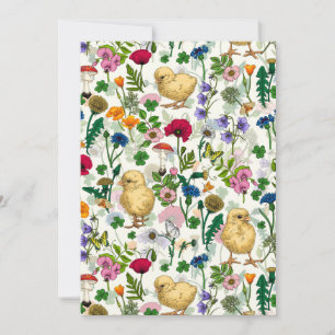 Chickens and wildflowers on off white
