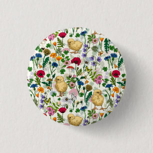 Chickens and wildflowers on off white 1 inch round button