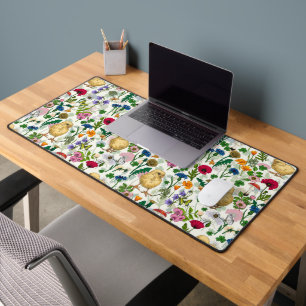 Chickens and wildflowers on off white desk mat