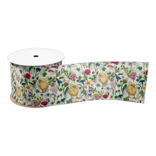 Chickens and wildflowers on off white satin ribbon