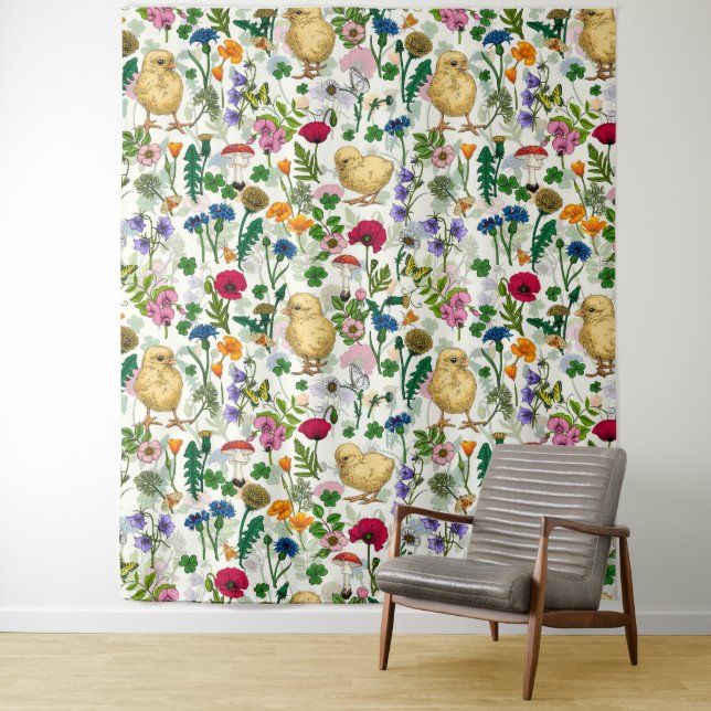 Chickens and wildflowers on off white tapestry (In Situ)