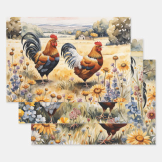 Chickens and Wildflowers Wrapping Paper Sheet