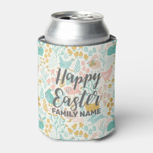 Chickens bunnies and flowers Happy Easter pattern Can Cooler