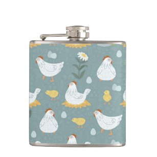 Chickens Dreaming in the Coop in Teal  Hip Flask