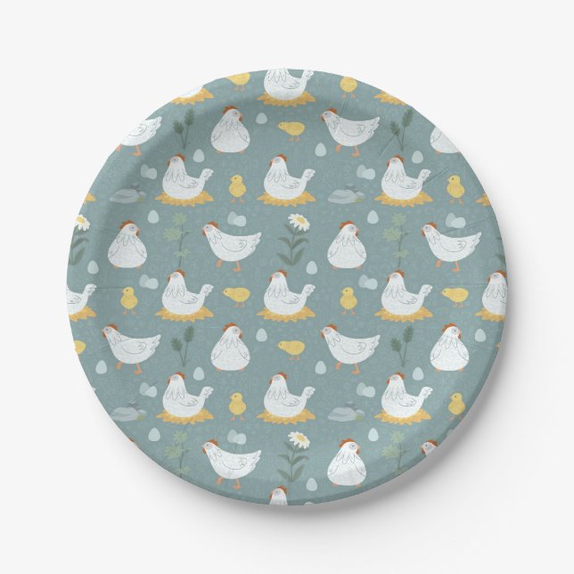 Chickens Dreaming in the Coop in Teal  Paper Plate (Front)