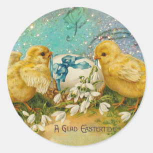 CHICKENS,FLOWERS ,EASTER EGG IN GOLD BLUE SPARKLES CLASSIC ROUND STICKER