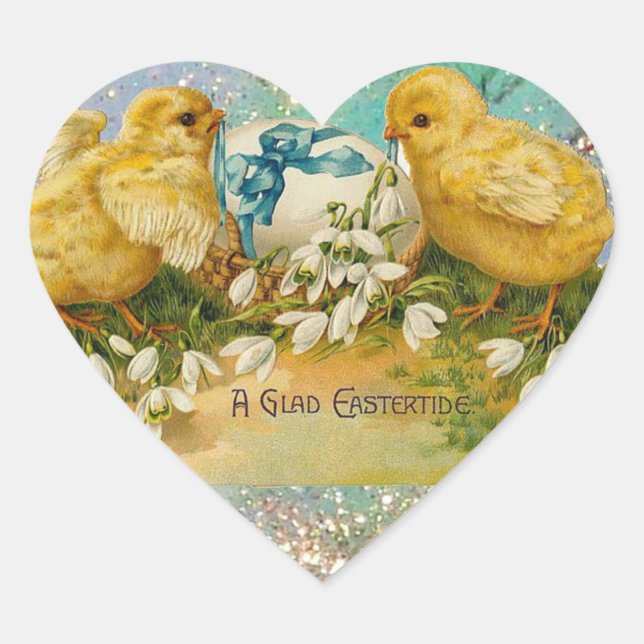 CHICKENS,FLOWERS ,EASTER EGG IN GOLD BLUE SPARKLES HEART STICKER (Front)