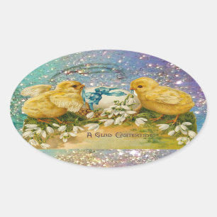 CHICKENS,FLOWERS ,EASTER EGG IN GOLD BLUE SPARKLES OVAL STICKER
