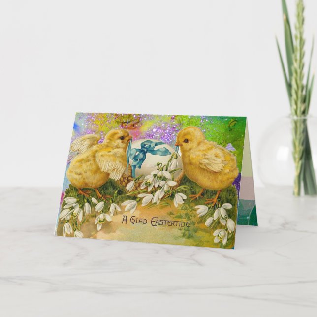 CHICKENS,FLOWERS EASTER EGG IN GOLD PURPLE SPARKLE HOLIDAY CARD (Front)