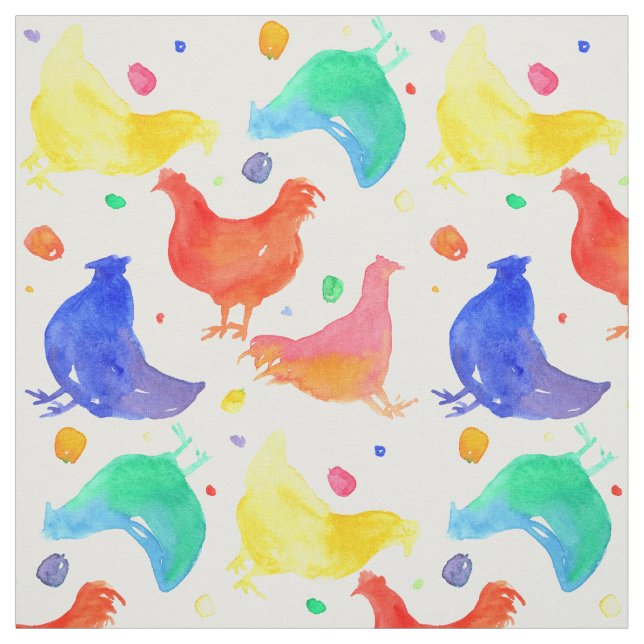 Chickens Hens Birds Rainbow Colours Watercolor Fabric (Swatch)