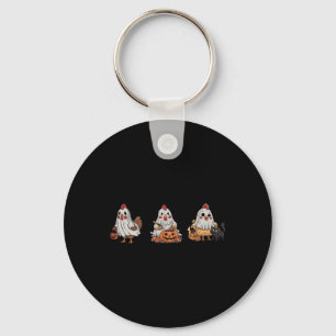 Chickens In Ghost Costume Pumpkin Black Cat Hallow Keychain