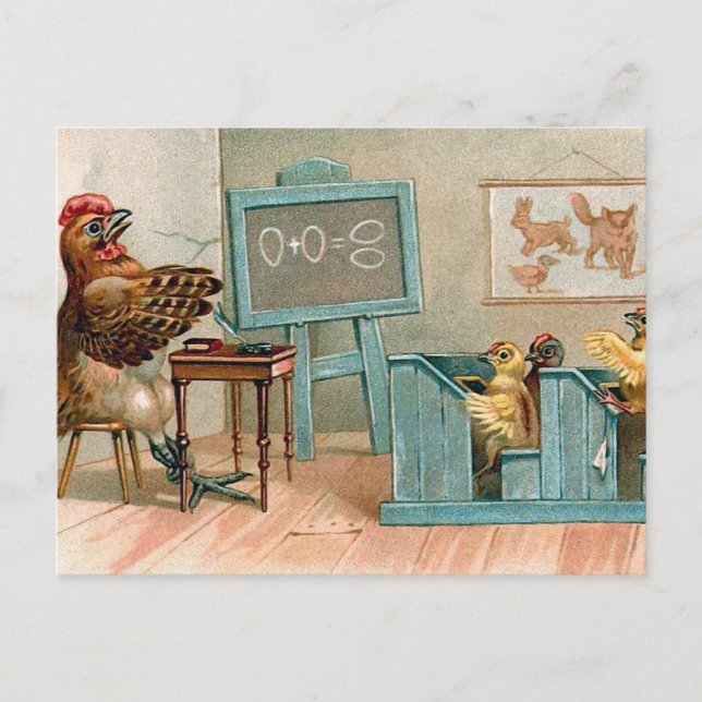 "Chickens in School" Vintage Postcard (Front)