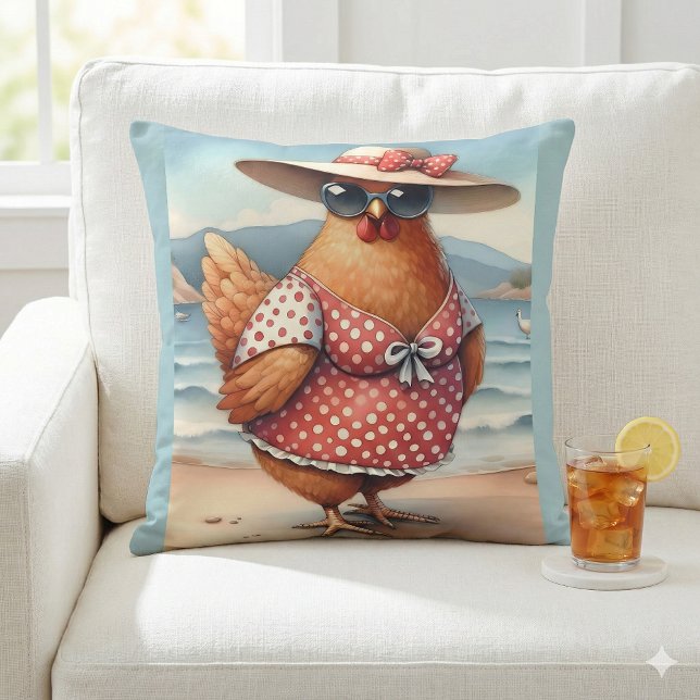 Chickens in Swimsuits at the Seaside Throw Pillow (Chickens in Swimsuits at the Seaside Throw Pillow Mockup A)