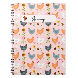 Chickens in the Flowers Pink Personalized Notebook