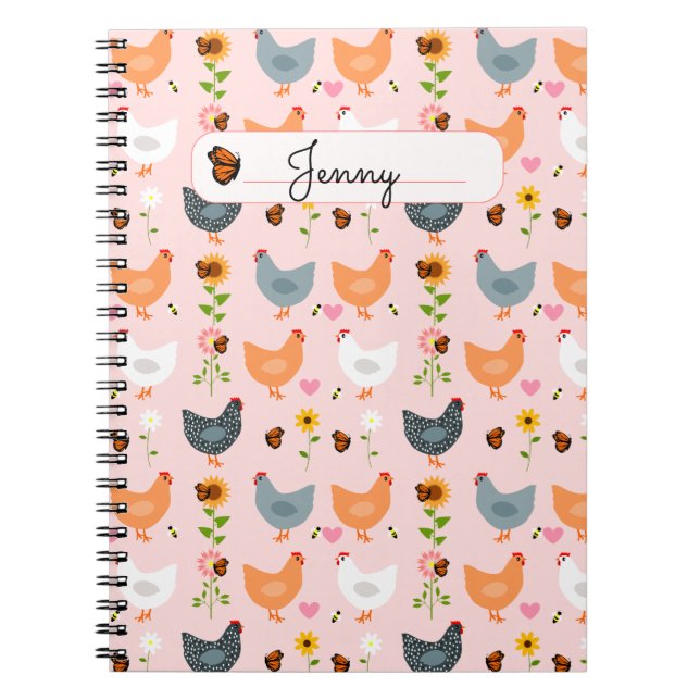 Chickens in the Flowers Pink Personalized Notebook (Front)
