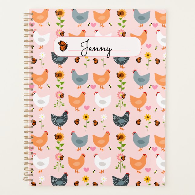 Chickens in the Flowers Pink Personalized Planner (Front)