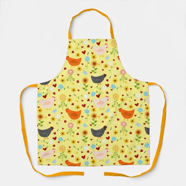 Chickens in the Garden, with Flowers, and Bugs Apron (Front)