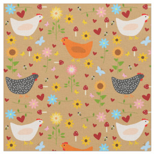 Chickens in the Garden with Flowers and Bugs Fabric