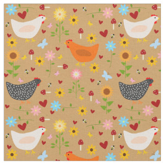 Chickens in the Garden with Flowers and Bugs Fabric