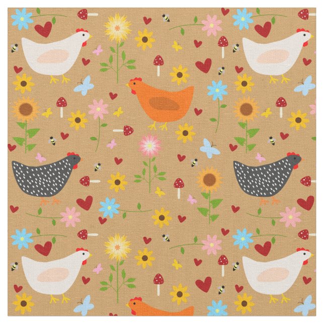 Chickens in the Garden with Flowers and Bugs Fabric (Close Up)