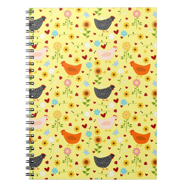 Chickens in the Garden with Flowers and Bugs Notebook (Front)