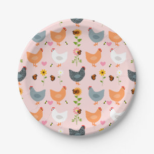 Chickens in the Garden with Flowers and Bugs Paper Plate