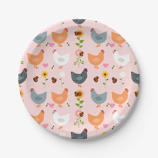 Chickens in the Garden with Flowers and Bugs Paper Plate (Front)