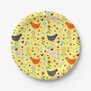 Chickens in the Garden with Flowers and Bugs Paper Plate