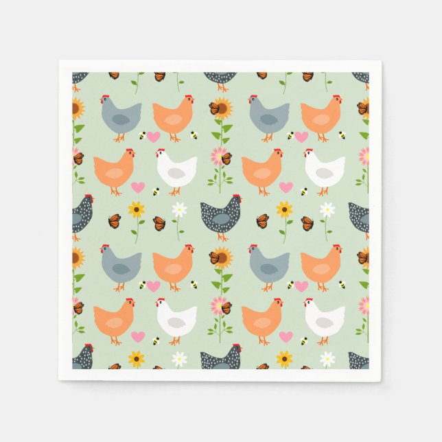 Chickens in the Garden with Flowers, Green Napkin (Front)