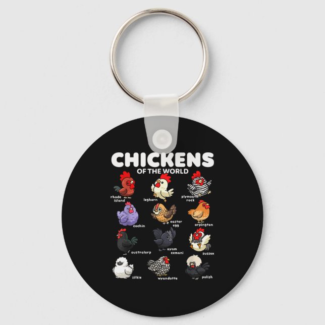 Chickens Of The World Funny Cartoon Chicken Breeds Keychain (Front)