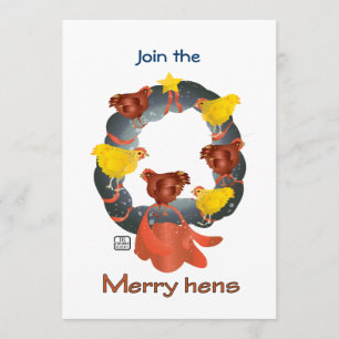 Chickens on a Christmas wreath invitation