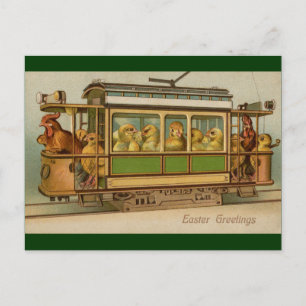 Chickens on Trolley Car Vintage Easter Holiday Postcard