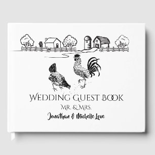 Chickens Rooster, Hen Black, White Farm Wedding Guest Book