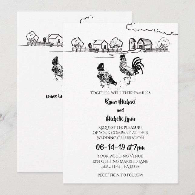Chickens Rooster, Hen | Black, White Farm Wedding Invitation (Front/Back)