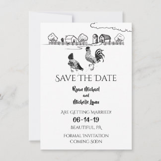 Chickens Rooster, Hen | Black, White Farm Wedding Save The Date