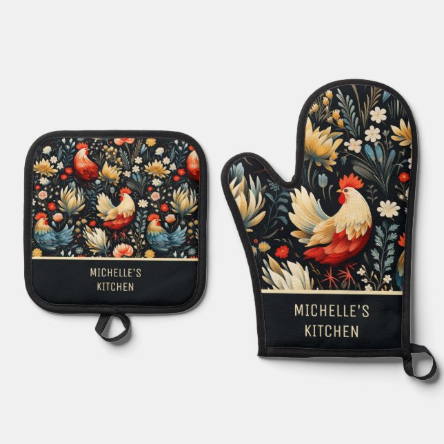 Chickens Roosters Country Farm Name Oven Mitt & Pot Holder Set (Front)
