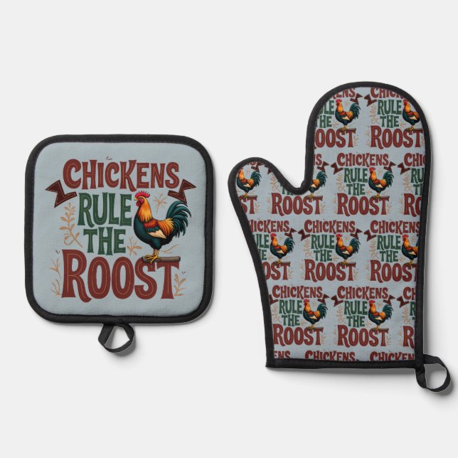 Chickens Rule the Roost Rustic Farm Illustration Oven Mitt & Pot Holder Set (Front)