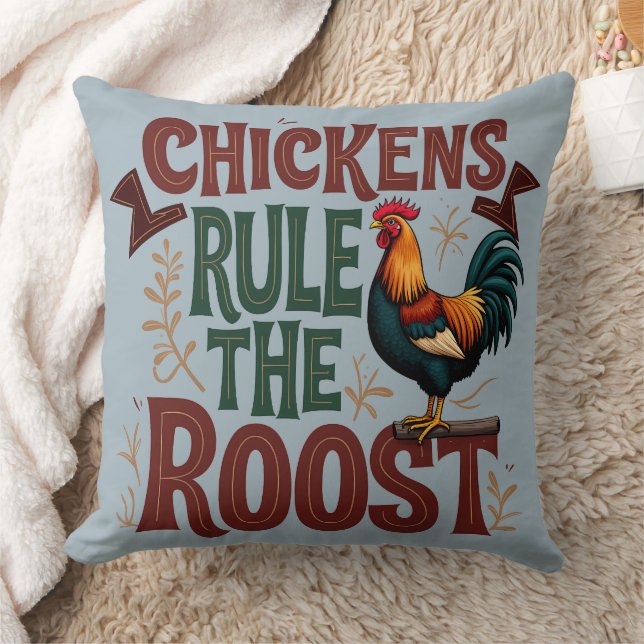 Chickens Rule the Roost Rustic Farm Illustration Throw Pillow (Blanket)