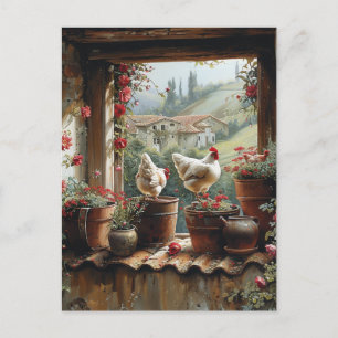Chickens Rusty Bucket Clay Pots Tiles Country   Postcard