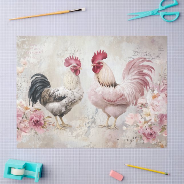 Chickens Shabby Chic Pink Decoupage Tissue Paper (Craft)