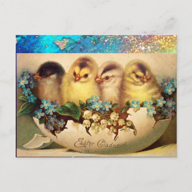 CHICKENS,SNOWDROPS AND EASTER EGG IN BLUE SPARKLES HOLIDAY POSTCARD (Front)