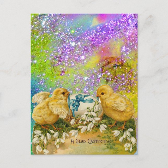 CHICKENS, SNOWDROPS AND EASTER EGG WITH BLUE BOW HOLIDAY POSTCARD (Front)