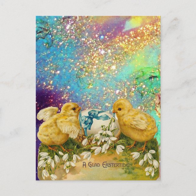 CHICKENS, SNOWDROPS AND EASTER EGG WITH BLUE BOW HOLIDAY POSTCARD (Front)