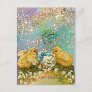 CHICKENS, SNOWDROPS AND EASTER EGG WITH BLUE BOW HOLIDAY POSTCARD