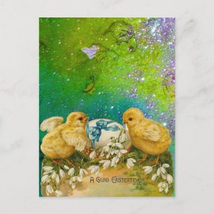 CHICKENS, SNOWDROPS AND EASTER EGG WITH BLUE BOW HOLIDAY POSTCARD
