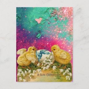 CHICKENS, SNOWDROPS AND EASTER EGG WITH BLUE BOW HOLIDAY POSTCARD