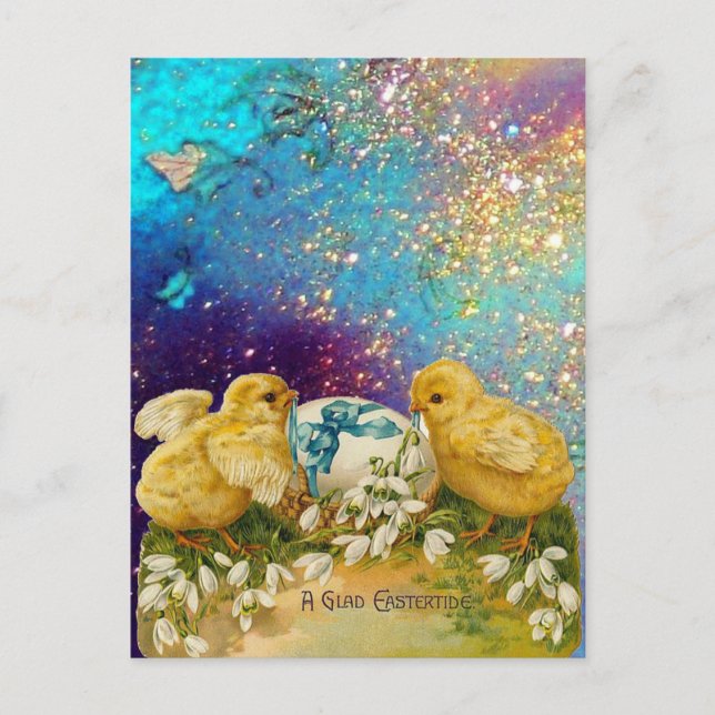 CHICKENS, SNOWDROPS AND EASTER EGG WITH BLUE BOW HOLIDAY POSTCARD (Front)